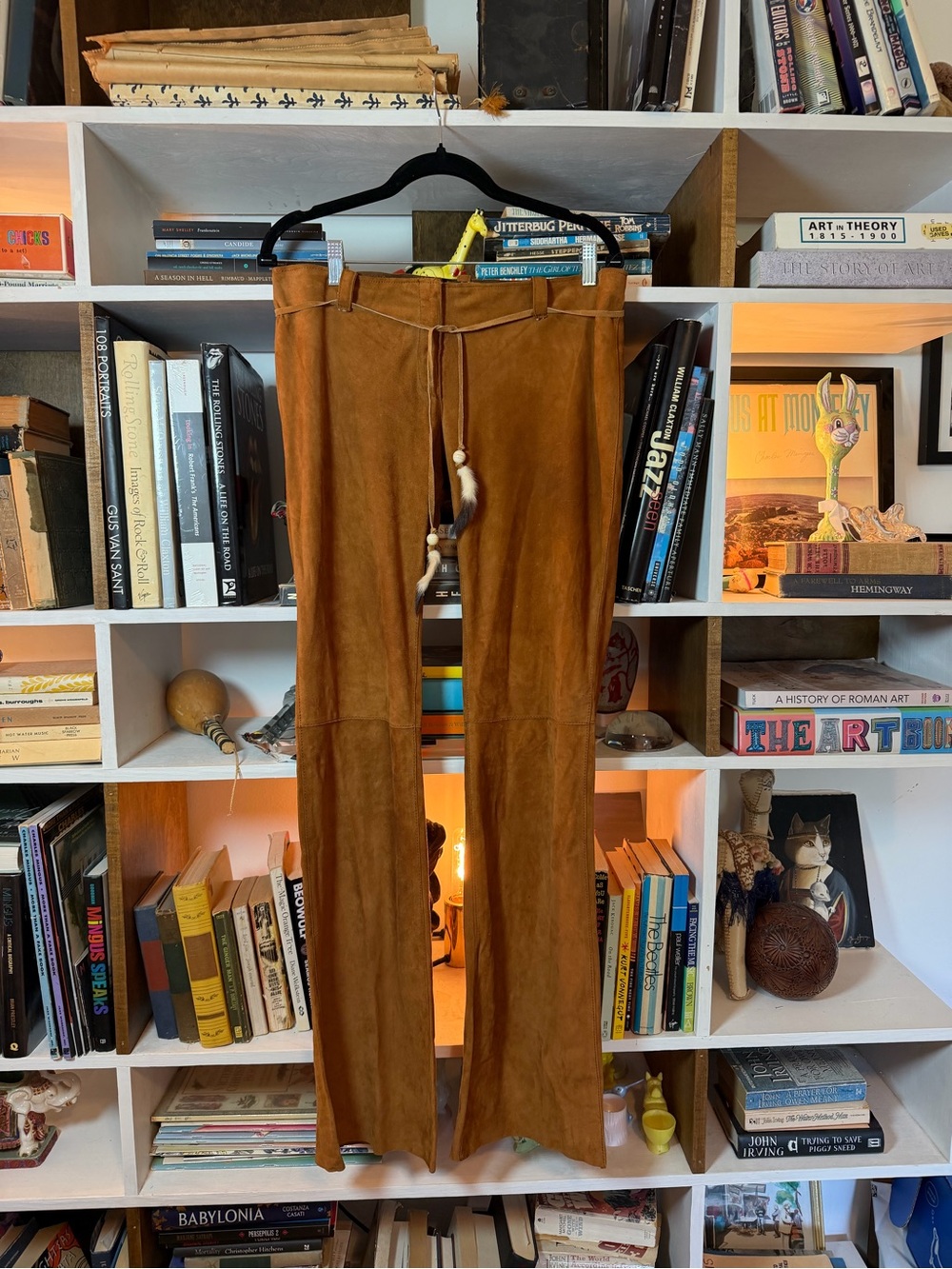 2002 Dolce Suede Pants in Cognac Brown with Tassel Drawstring Fur